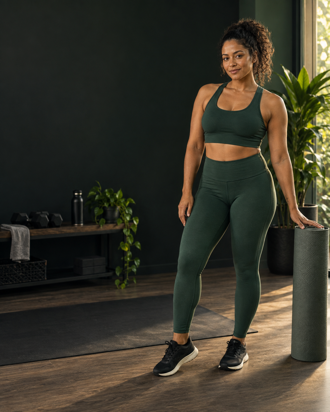 Imagem ilustrativa gerada por IA: mulher adulta em um espaço de exercício em casa